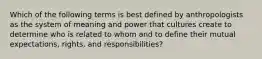 Which of the following terms is best defined by anthropologists as the system of meaning and power that cultures create to determine who is related to whom and to define their mutual expectations, rights, and responsibilities?