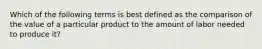 Which of the following terms is best defined as the comparison of the value of a particular product to the amount of labor needed to produce it?