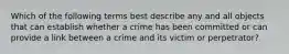 Which of the following terms best describe any and all objects that can establish whether a crime has been committed or can provide a link between a crime and its victim or perpetrator?