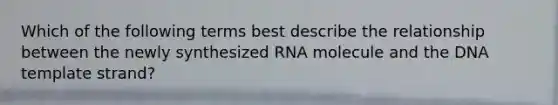 Which of the following terms best describe the relationship between the newly synthesized RNA molecule and the DNA template strand?