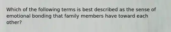 Which of the following terms is best described as the sense of emotional bonding that family members have toward each other?