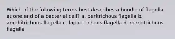 Which of the following terms best describes a bundle of flagella at one end of a bacterial cell? a. peritrichous flagella b. amphitrichous flagella c. lophotrichous flagella d. monotrichous flagella