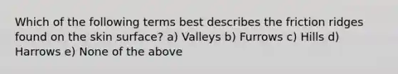 Which of the following terms best describes the friction ridges found on the skin surface? a) Valleys b) Furrows c) Hills d) Harrows e) None of the above