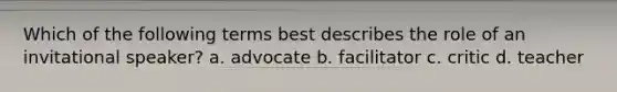 Which of the following terms best describes the role of an invitational speaker? a. advocate b. facilitator c. critic d. teacher
