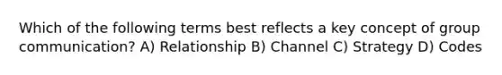 Which of the following terms best reflects a key concept of group communication? A) Relationship B) Channel C) Strategy D) Codes