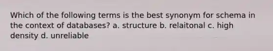 Which of the following terms is the best synonym for schema in the context of databases? a. structure b. relaitonal c. high density d. unreliable