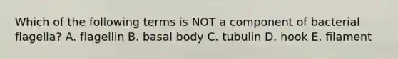 Which of the following terms is NOT a component of bacterial flagella? A. flagellin B. basal body C. tubulin D. hook E. filament