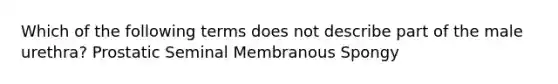 Which of the following terms does not describe part of the male urethra? Prostatic Seminal Membranous Spongy