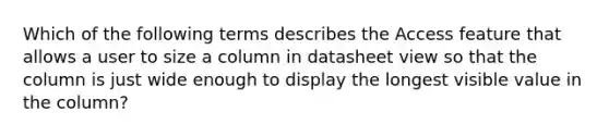 Which of the following terms describes the Access feature that allows a user to size a column in datasheet view so that the column is just wide enough to display the longest visible value in the column?