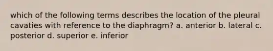 which of the following terms describes the location of the pleural cavaties with reference to the diaphragm? a. anterior b. lateral c. posterior d. superior e. inferior