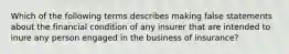 Which of the following terms describes making false statements about the financial condition of any insurer that are intended to inure any person engaged in the business of insurance?