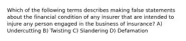 Which of the following terms describes making false statements about the financial condition of any insurer that are intended to injure any person engaged in the business of insurance? A) Undercutting B) Twisting C) Slandering D) Defamation