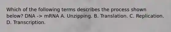 Which of the following terms describes the process shown below? DNA -> mRNA A. Unzipping. B. Translation. C. Replication. D. Transcription.