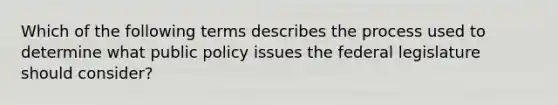 Which of the following terms describes the process used to determine what public policy issues the federal legislature should consider?