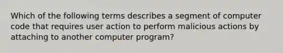 Which of the following terms describes a segment of computer code that requires user action to perform malicious actions by attaching to another computer program?