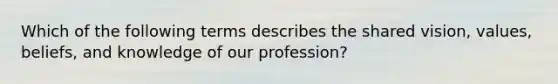 Which of the following terms describes the shared vision, values, beliefs, and knowledge of our profession?