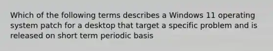 Which of the following terms describes a Windows 11 operating system patch for a desktop that target a specific problem and is released on short term periodic basis