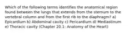 Which of the following terms identifies the anatomical region found between the lungs that extends from the sternum to the vertebral column and from the first rib to the diaphragm? a) Epicardium b) Abdominal cavity c) Pericardium d) Mediastinum e) Thoracic cavity (Chapter 20.1: Anatomy of the Heart)