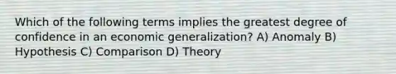 Which of the following terms implies the greatest degree of confidence in an economic generalization? A) Anomaly B) Hypothesis C) Comparison D) Theory