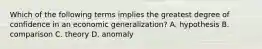 Which of the following terms implies the greatest degree of confidence in an economic generalization? A. hypothesis B. comparison C. theory D. anomaly