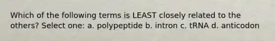 Which of the following terms is LEAST closely related to the others? Select one: a. polypeptide b. intron c. tRNA d. anticodon