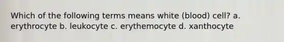 Which of the following terms means white (blood) cell? a. erythrocyte b. leukocyte c. erythemocyte d. xanthocyte
