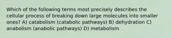 Which of the following terms most precisely describes the cellular process of breaking down large molecules into smaller ones? A) catabolism (catabolic pathways) B) dehydration C) anabolism (anabolic pathways) D) metabolism