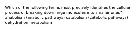 Which of the following terms most precisely identifies the cellular process of breaking down large molecules into smaller ones? anabolism (anabolic pathways) catabolism (catabolic pathways) dehydration metabolism