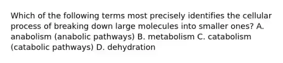 Which of the following terms most precisely identifies the cellular process of breaking down large molecules into smaller ones? A. anabolism (anabolic pathways) B. metabolism C. catabolism (catabolic pathways) D. dehydration