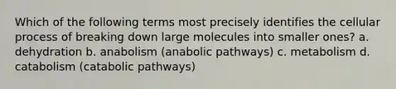 Which of the following terms most precisely identifies the cellular process of breaking down large molecules into smaller ones? a. dehydration b. anabolism (anabolic pathways) c. metabolism d. catabolism (catabolic pathways)