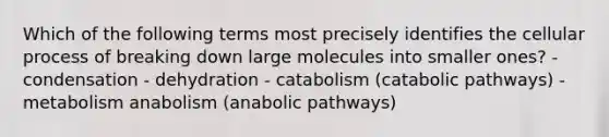 Which of the following terms most precisely identifies the cellular process of breaking down large molecules into smaller ones? - condensation - dehydration - catabolism (catabolic pathways) - metabolism anabolism (anabolic pathways)