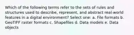 Which of the following terms refer to the sets of rules and structures used to describe, represent, and abstract real-world features in a digital environment? Select one: a. File formats b. GeoTIFF raster formats c. Shapefiles d. Data models e. Data objects