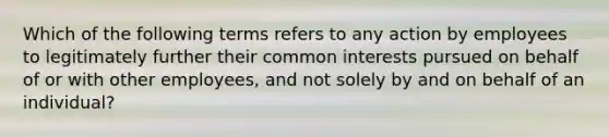 Which of the following terms refers to any action by employees to legitimately further their common interests pursued on behalf of or with other employees, and not solely by and on behalf of an individual?