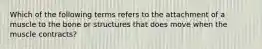 Which of the following terms refers to the attachment of a muscle to the bone or structures that does move when the muscle contracts?