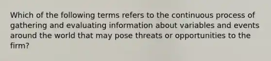 Which of the following terms refers to the continuous process of gathering and evaluating information about variables and events around the world that may pose threats or opportunities to the firm?