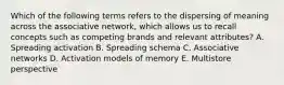 Which of the following terms refers to the dispersing of meaning across the associative​ network, which allows us to recall concepts such as competing brands and relevant​ attributes? A. Spreading activation B. Spreading schema C. Associative networks D. Activation models of memory E. Multistore perspective