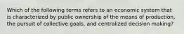 Which of the following terms refers to an economic system that is characterized by public ownership of the means of production, the pursuit of collective goals, and centralized decision making?