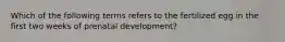 Which of the following terms refers to the fertilized egg in the first two weeks of prenatal development?