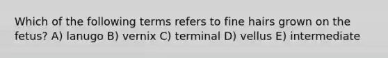 Which of the following terms refers to fine hairs grown on the fetus? A) lanugo B) vernix C) terminal D) vellus E) intermediate
