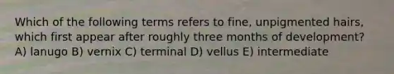 Which of the following terms refers to fine, unpigmented hairs, which first appear after roughly three months of development? A) lanugo B) vernix C) terminal D) vellus E) intermediate