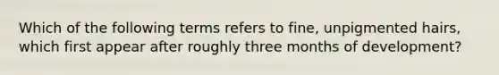 Which of the following terms refers to fine, unpigmented hairs, which first appear after roughly three months of development?