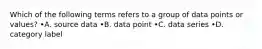 Which of the following terms refers to a group of data points or values? •A. source data •B. data point •C. data series •D. category label