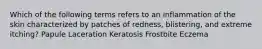 Which of the following terms refers to an inflammation of the skin characterized by patches of redness, blistering, and extreme itching? Papule Laceration Keratosis Frostbite Eczema