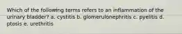 Which of the following terms refers to an inflammation of the urinary bladder? a. cystitis b. glomerulonephritis c. pyelitis d. ptosis e. urethritis