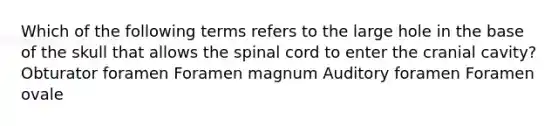 Which of the following terms refers to the large hole in the base of the skull that allows the spinal cord to enter the cranial cavity? Obturator foramen Foramen magnum Auditory foramen Foramen ovale