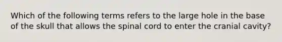 Which of the following terms refers to the large hole in the base of the skull that allows <a href='https://www.questionai.com/knowledge/kkAfzcJHuZ-the-spinal-cord' class='anchor-knowledge'>the spinal cord</a> to enter the cranial cavity?