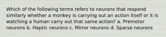 Which of the following terms refers to neurons that respond similarly whether a monkey is carrying out an action itself or it is watching a human carry out that same action? a. Premotor neurons b. Haptic neurons c. Mirror neurons d. Sparse neurons