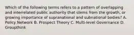 Which of the following terms refers to a pattern of overlapping and interrelated public authority that stems from the growth, or growing importance of supranational and subnational bodies? A. Policy Network B. Prospect Theory C. Multi-level Governance D. Groupthink