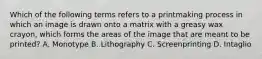 Which of the following terms refers to a printmaking process in which an image is drawn onto a matrix with a greasy wax crayon, which forms the areas of the image that are meant to be printed? A. Monotype B. Lithography C. Screenprinting D. Intaglio