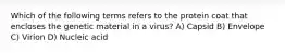 Which of the following terms refers to the protein coat that encloses the genetic material in a virus? A) Capsid B) Envelope C) Virion D) Nucleic acid